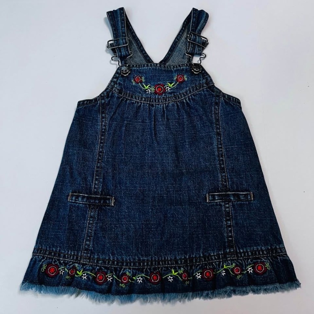 Vintage No Kidding Denim Overall Dress 2T Embroidered Floral Jumper